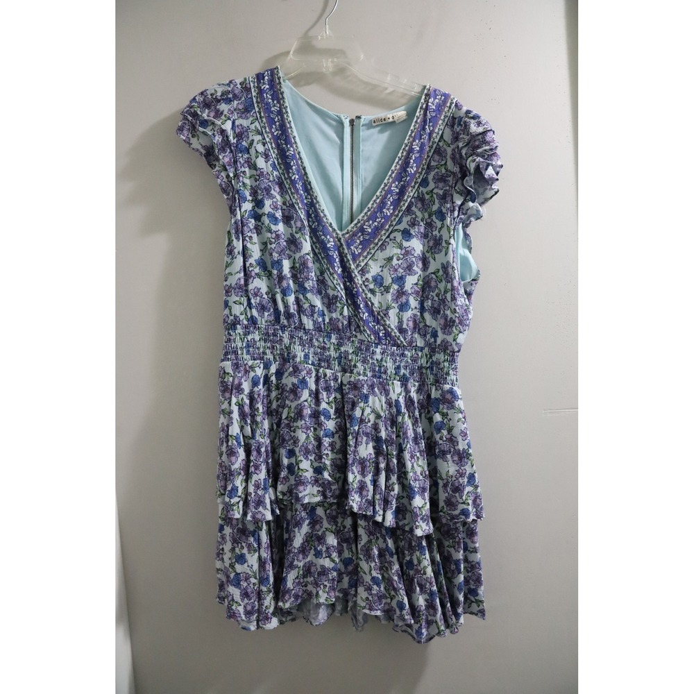 Alice + Olivia Floral Ruffle Romper Purple Blue Smocked Waist Size 14